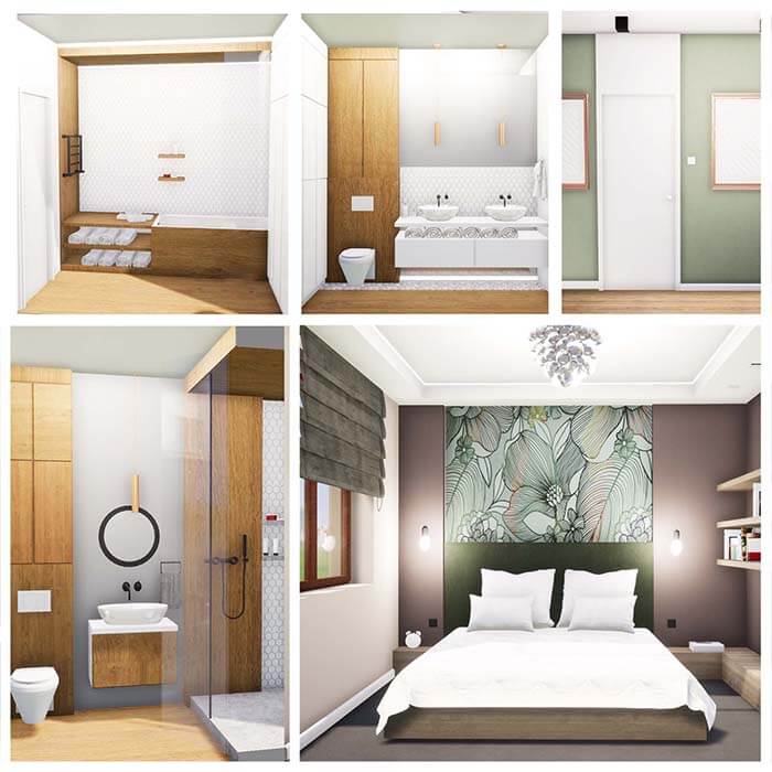 Aranżacja wnętrza łazienki i sypialni - drewno, biel, styl nowoczesny